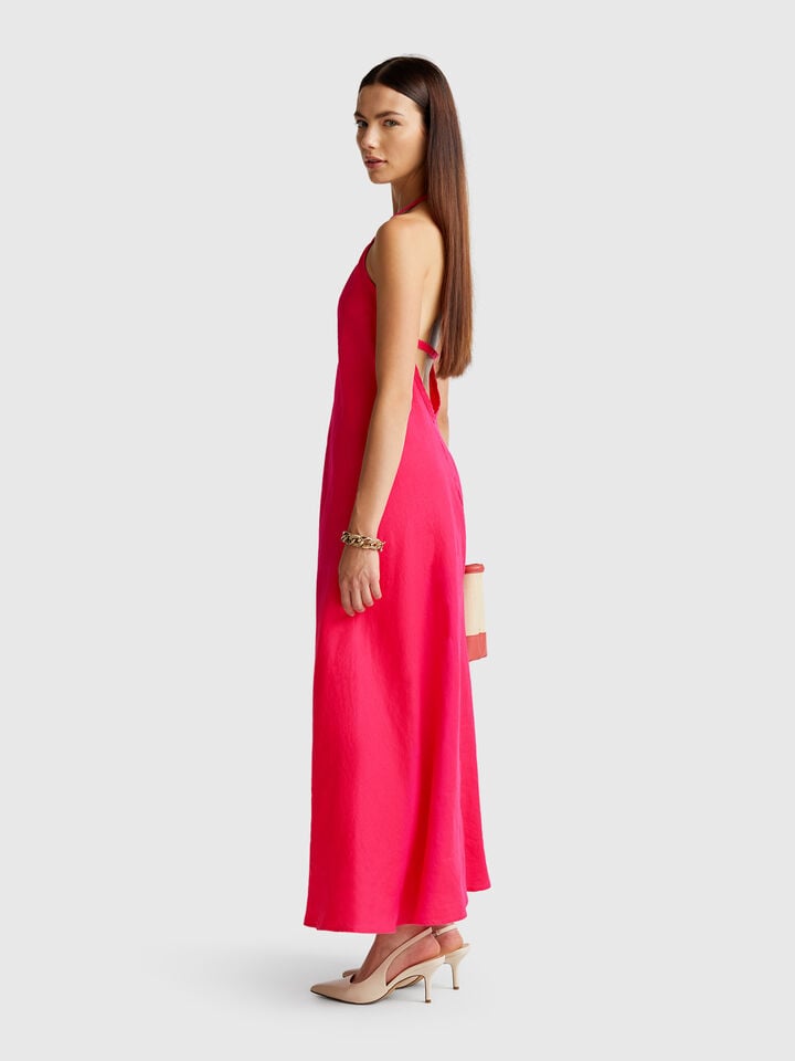 Benetton Long Dress In Pure Linen Fuchsia