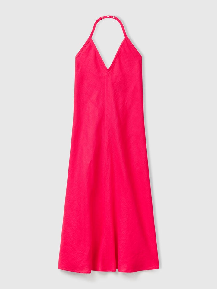 Benetton Long Dress In Pure Linen Fuchsia