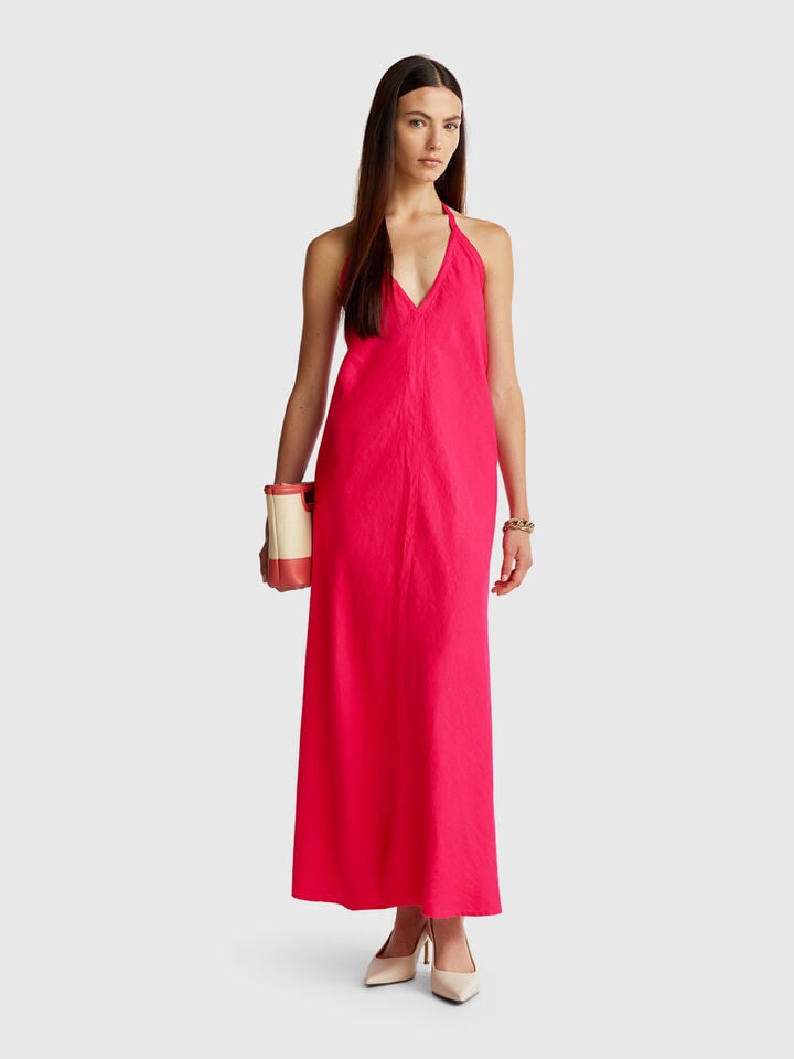 benetton Long dress in pure linen Fuchsia