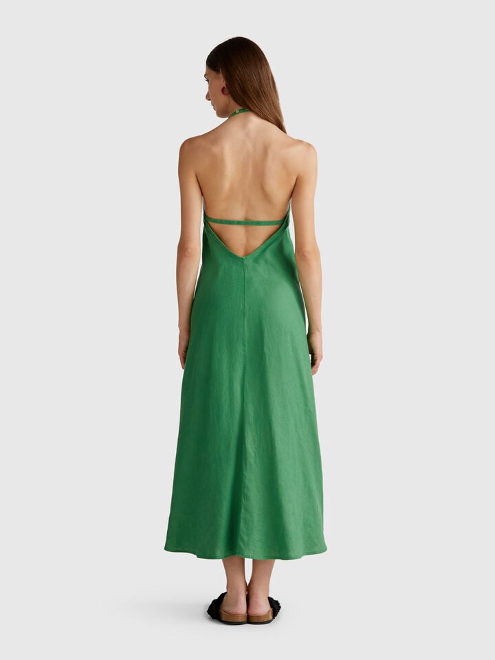 Benetton Long Dress In Pure Linen Green