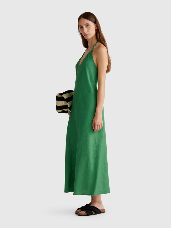 Benetton Long Dress In Pure Linen Green