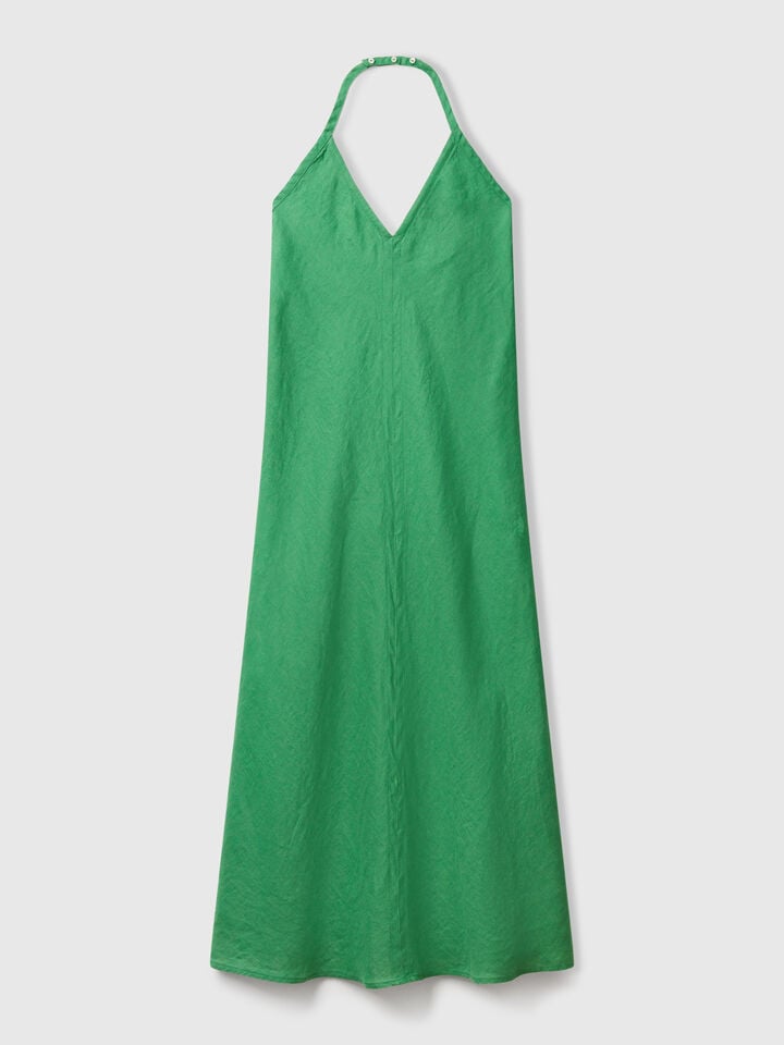 Benetton Long Dress In Pure Linen Green