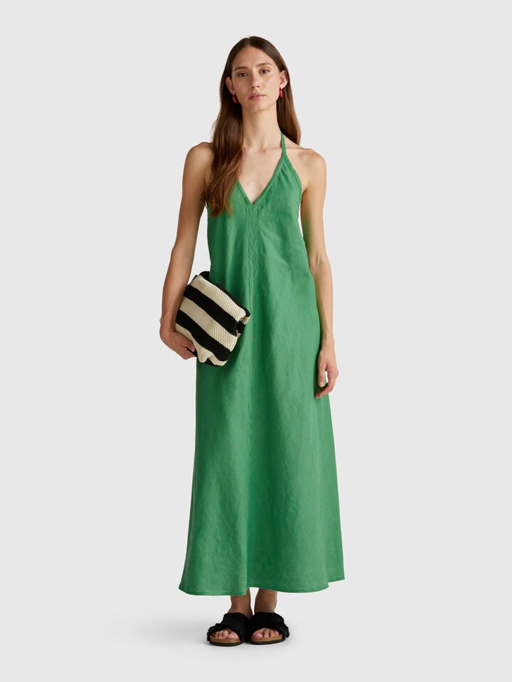 benetton Long dress in pure linen Green