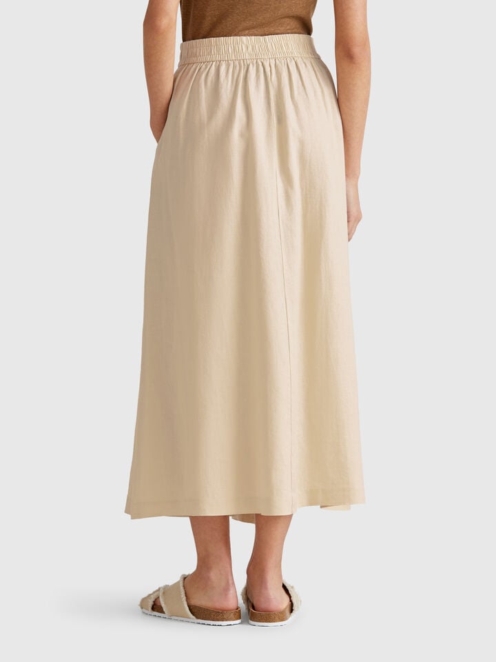 Benetton Long Skirt In Pure Linen Beige