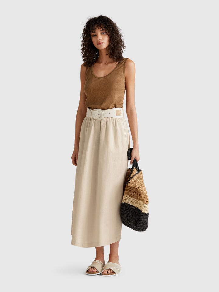 Benetton Long Skirt In Pure Linen Beige