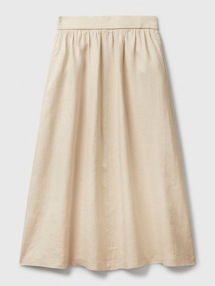 Benetton Long Skirt In Pure Linen Beige