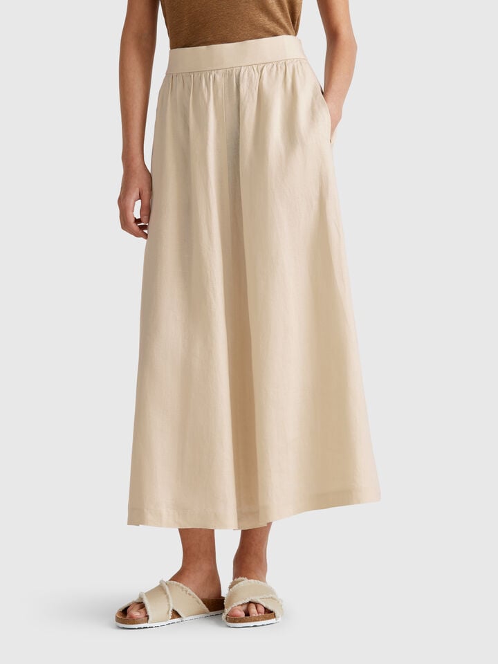benetton Long skirt in pure linen Beige