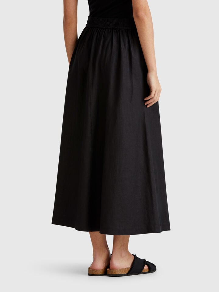 Benetton Long Skirt In Pure Linen Black