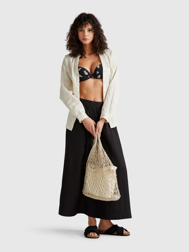 Benetton Long Skirt In Pure Linen Black