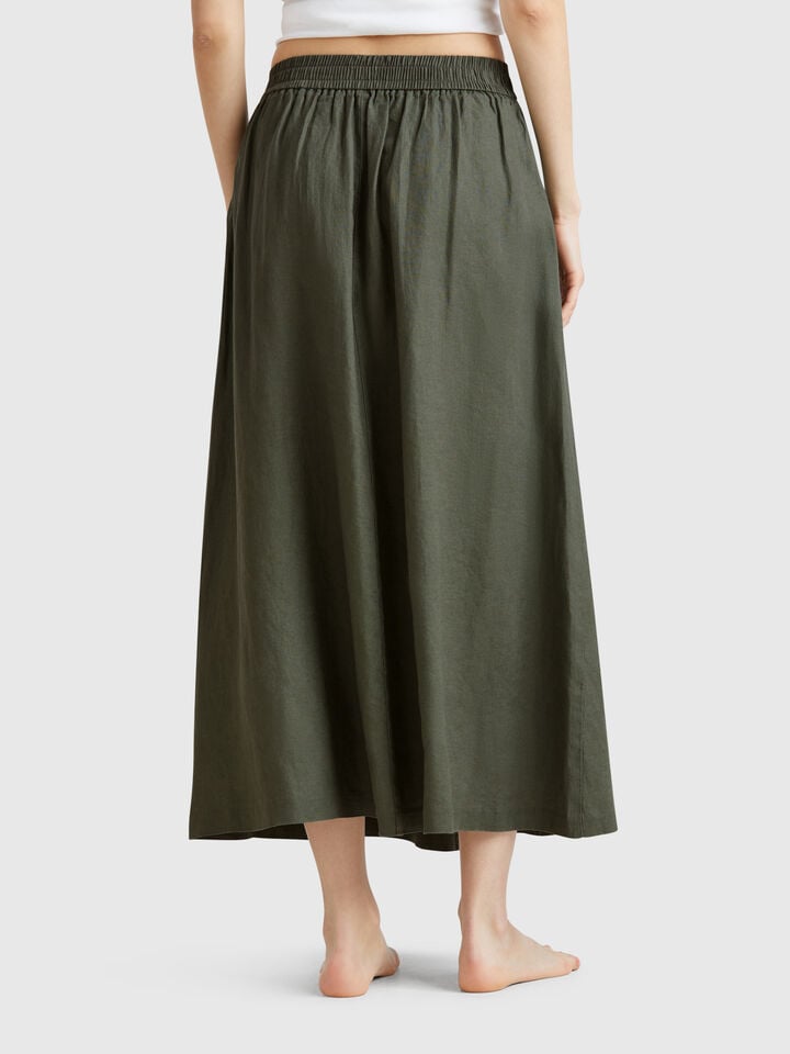 Benetton Long Skirt In Pure Linen Military Green