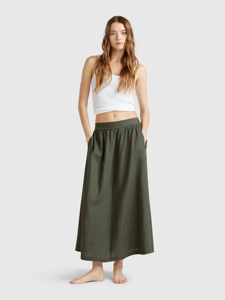 Benetton Long Skirt In Pure Linen Military Green