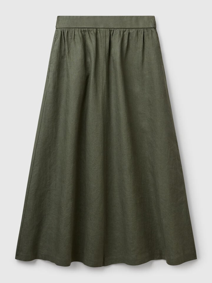 Benetton Long Skirt In Pure Linen Military Green