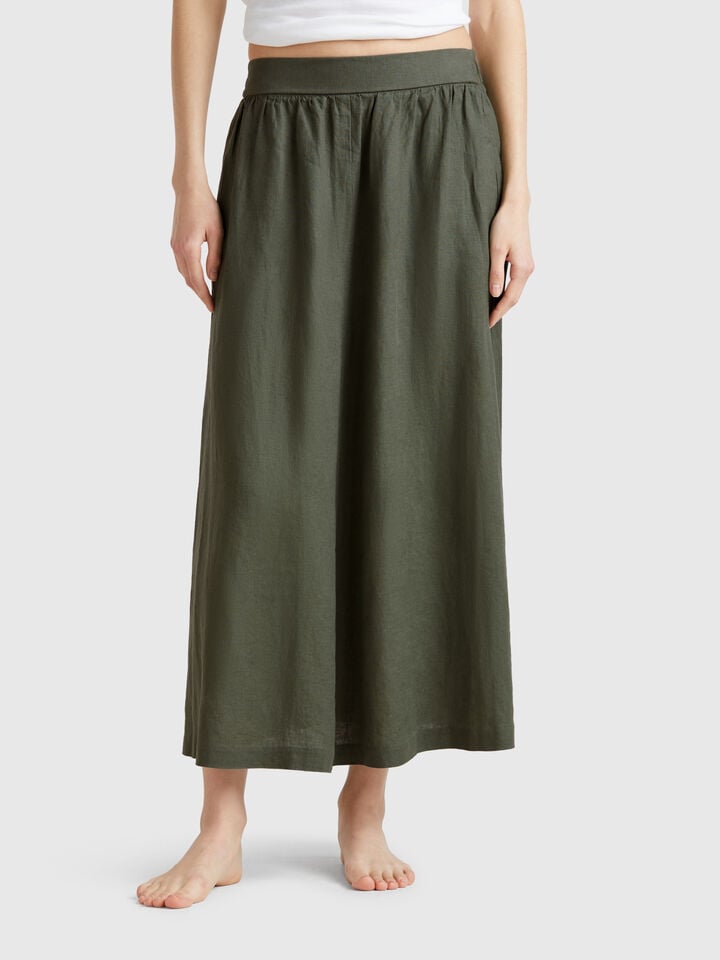 benetton Long skirt in pure linen Military Green