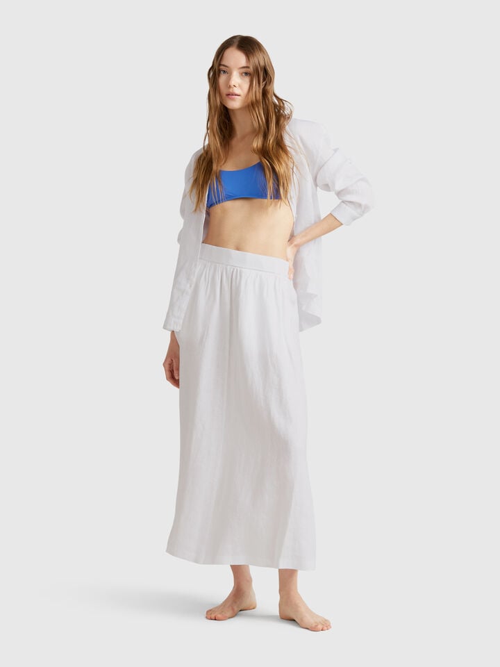 Benetton Long Skirt In Pure Linen White