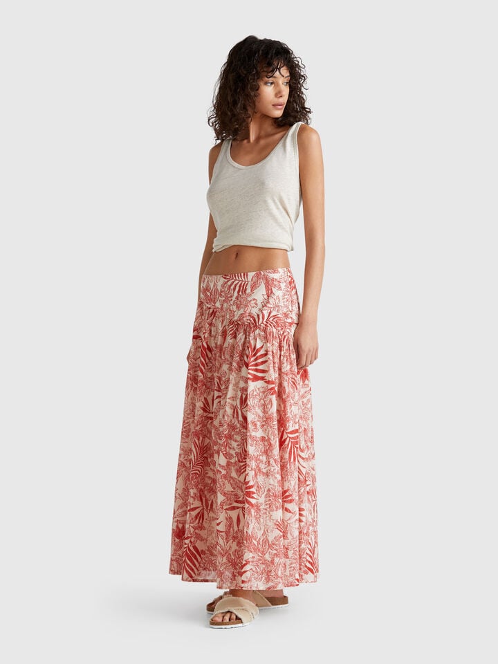 Benetton Long Skirt With Tropical Print Strawberry