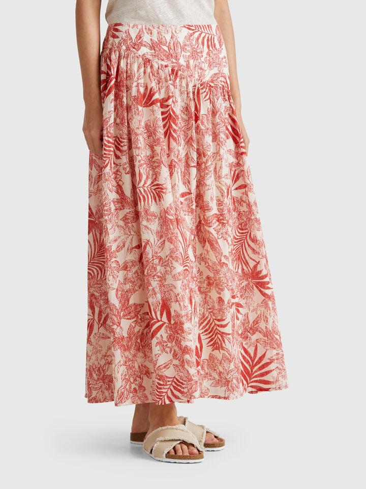 benetton Long skirt with tropical print Strawberry