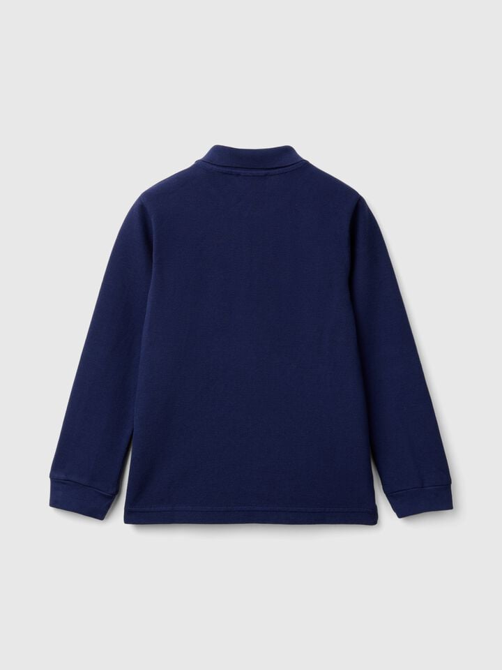 Benetton Long Sleeve Polo In Cotton Dark Blue