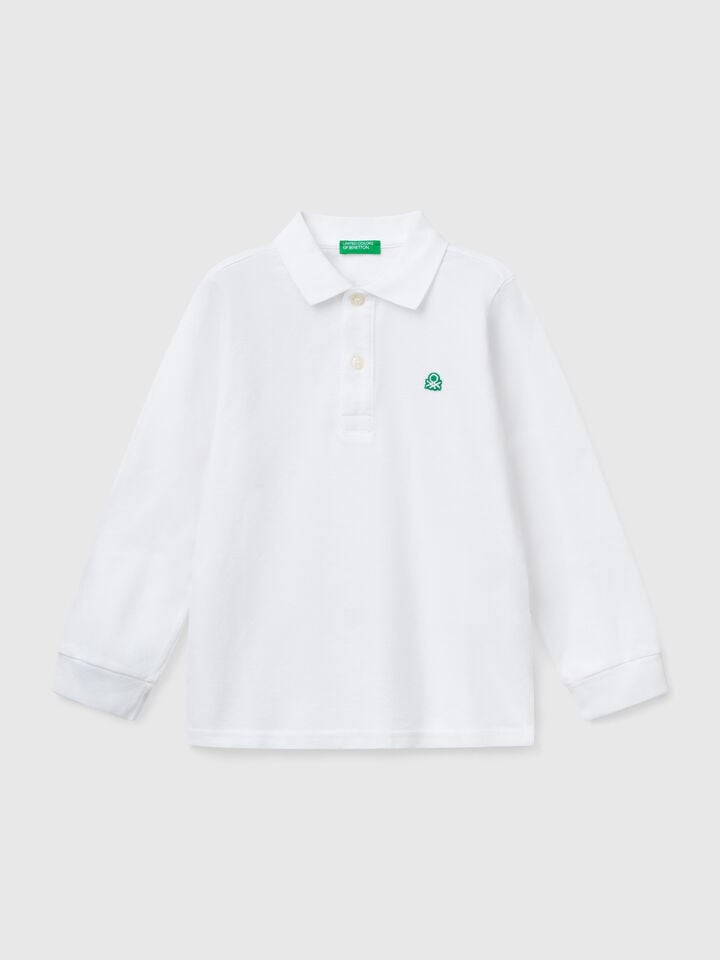 Benetton Long Sleeve Polo In Cotton White