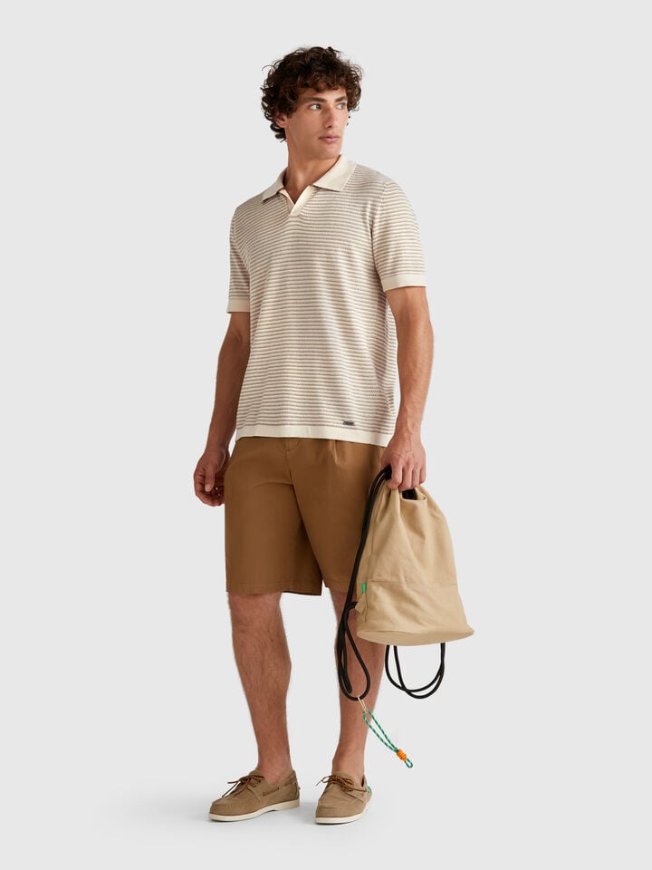 Benetton Melange Polo In Pure Cotton Beige