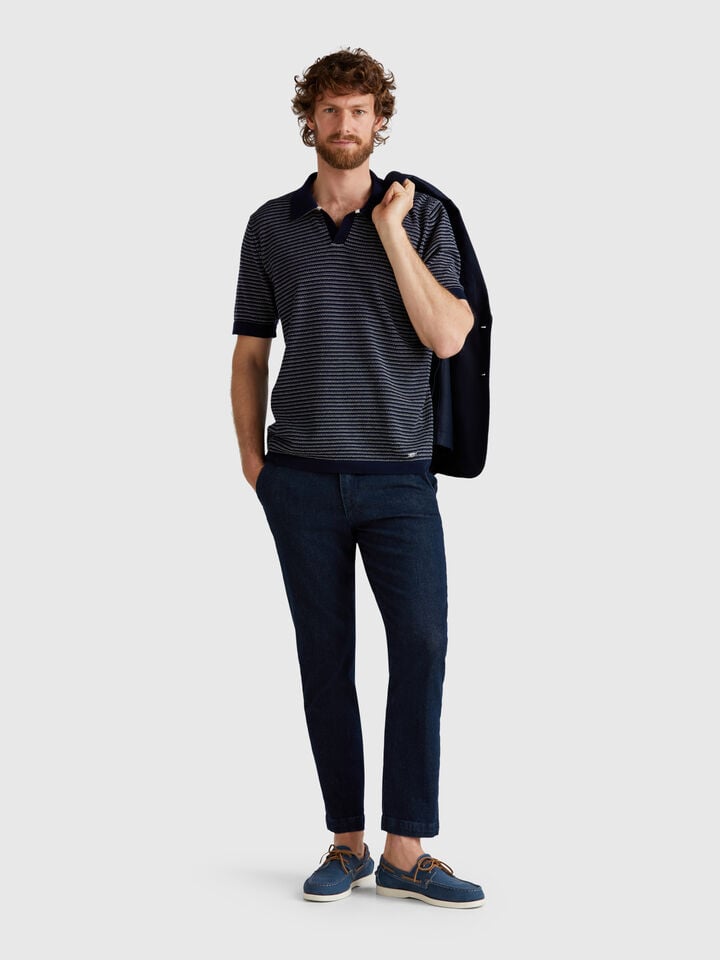 Benetton Melange Polo In Pure Cotton Dark Blue