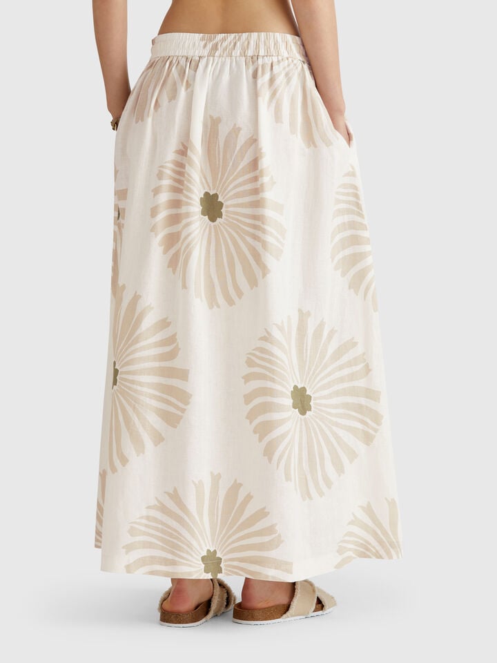 Benetton Midi Skirt With Floral Print Creamy White