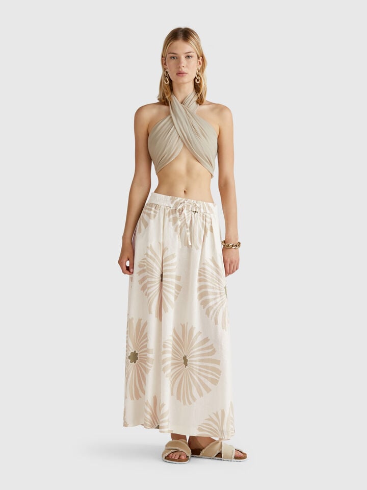 Benetton Midi Skirt With Floral Print Creamy White