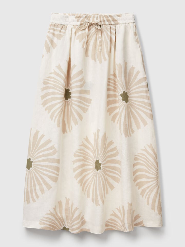 Benetton Midi Skirt With Floral Print Creamy White