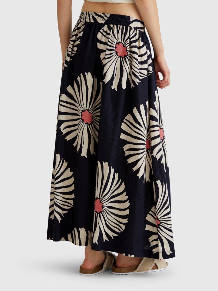 Benetton Midi Skirt With Floral Print Dark Blue