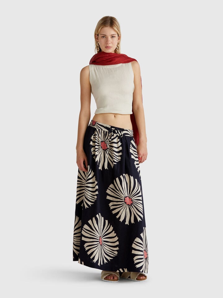 Benetton Midi Skirt With Floral Print Dark Blue