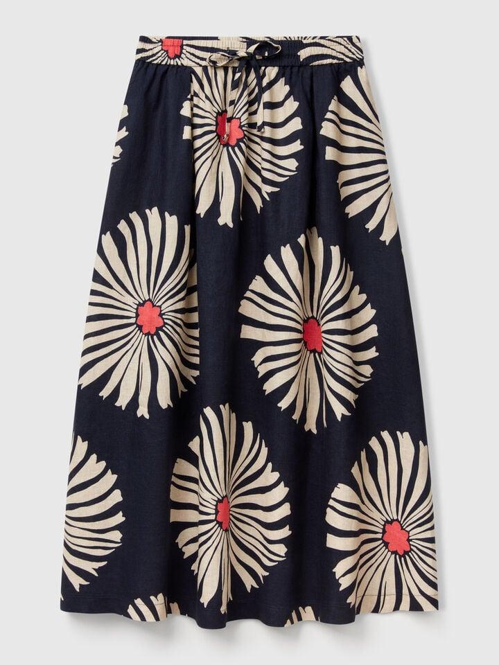 Benetton Midi Skirt With Floral Print Dark Blue