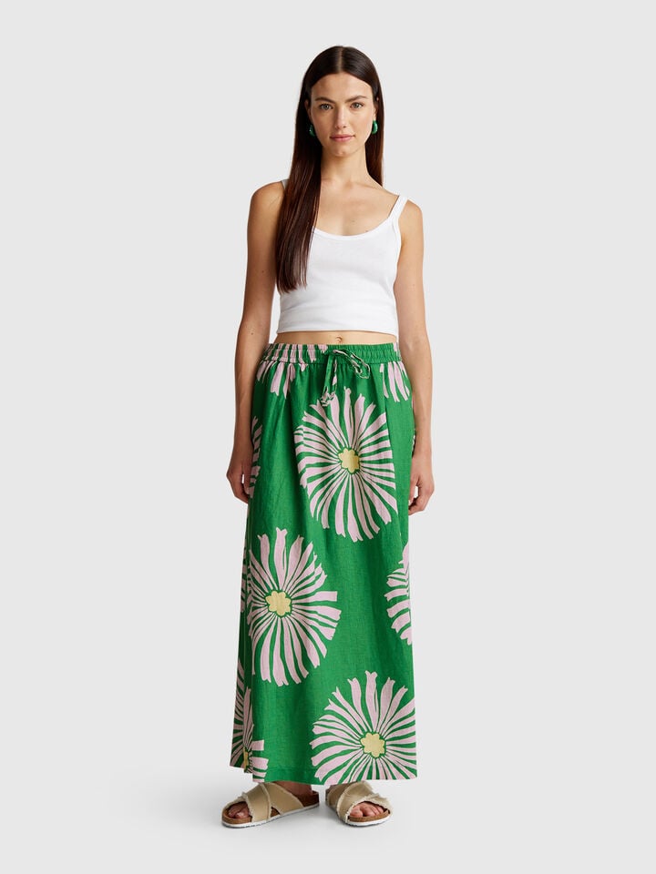 Benetton Midi Skirt With Floral Print Green