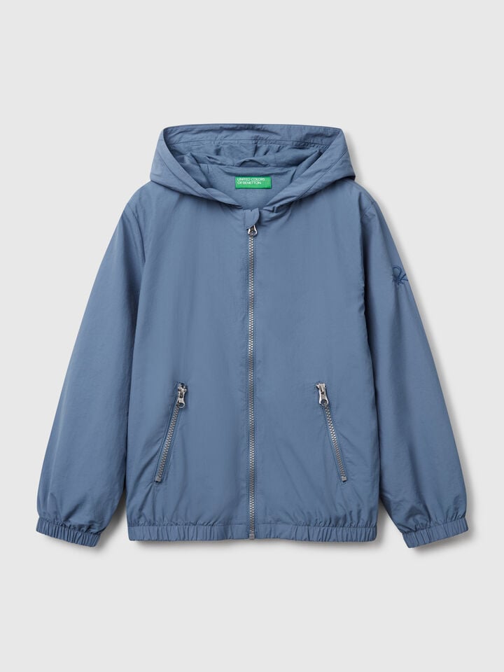 Benetton Nylon Jacket With Hood Light Blue