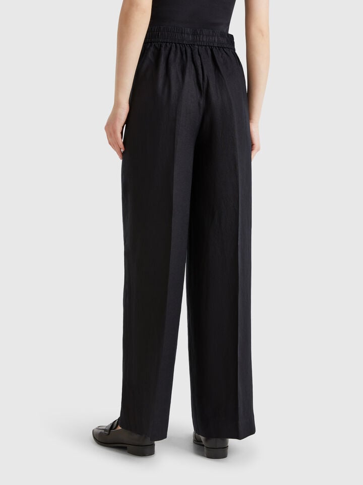 Benetton Palazzo Trousers In 100% Linen Black