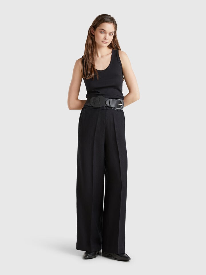 Benetton Palazzo Trousers In 100% Linen Black