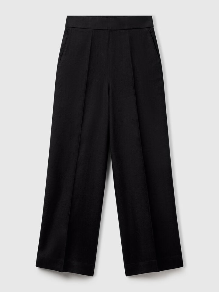 Benetton Palazzo Trousers In 100% Linen Black