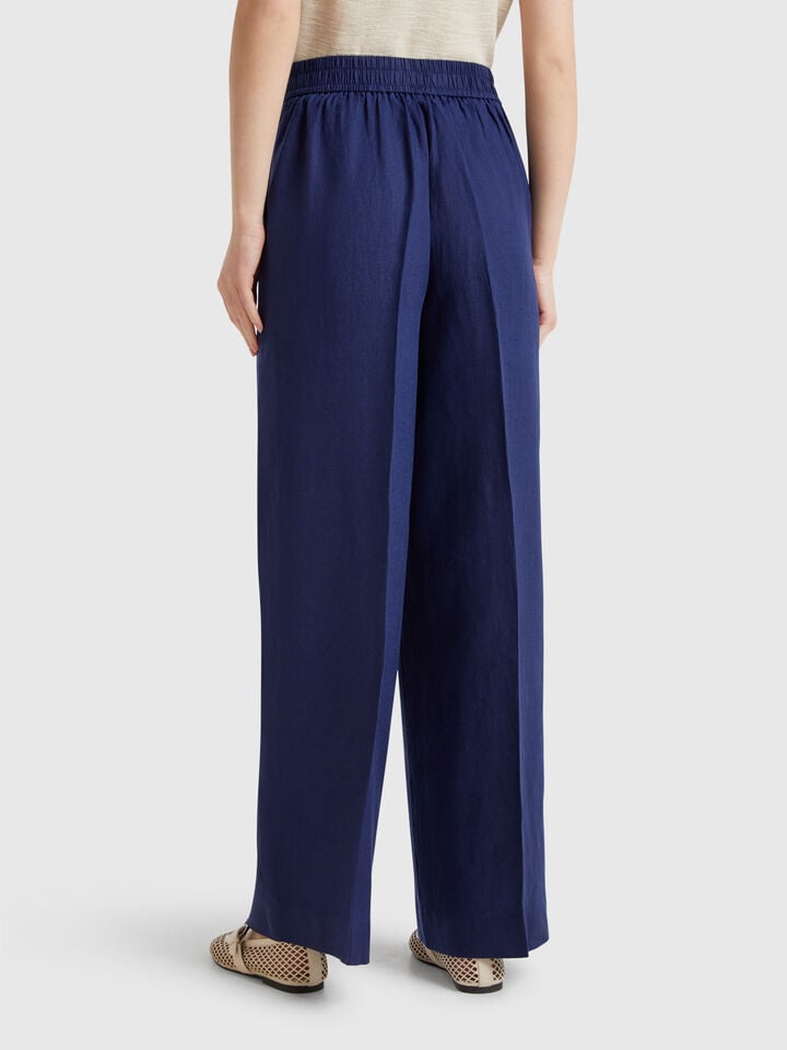 Benetton Palazzo Trousers In 100% Linen Dark Blue