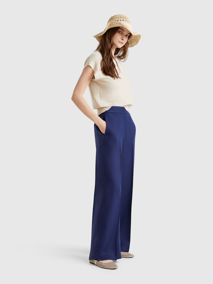 Benetton Palazzo Trousers In 100% Linen Dark Blue