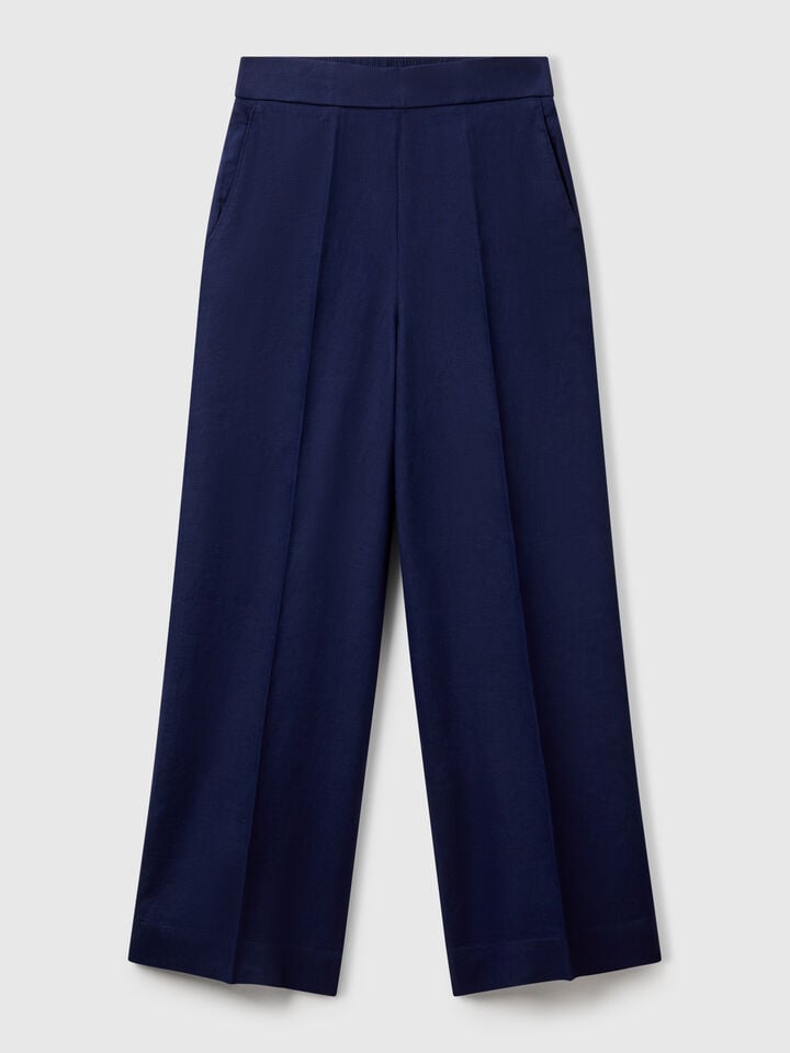 Benetton Palazzo Trousers In 100% Linen Dark Blue