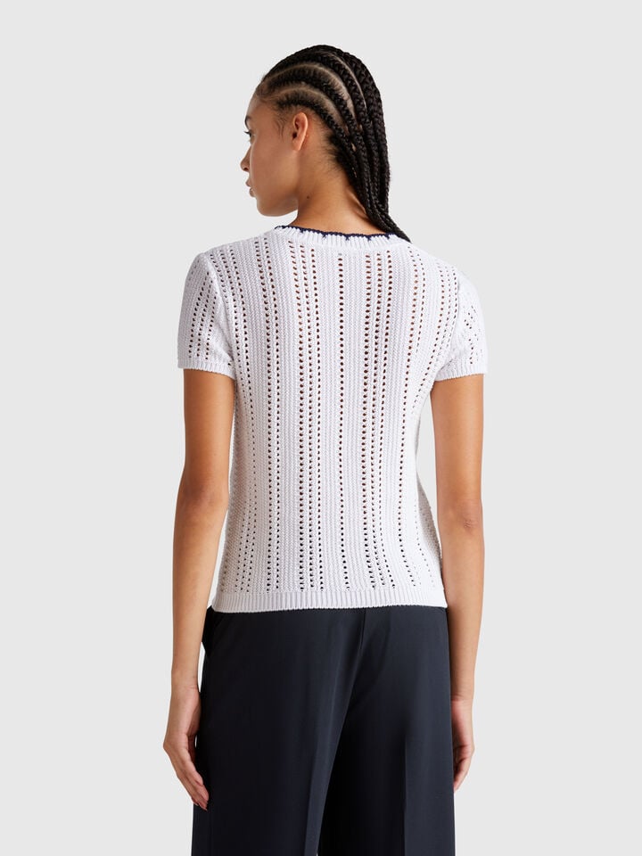 Benetton Perforated Sweater In Pure Cotton White