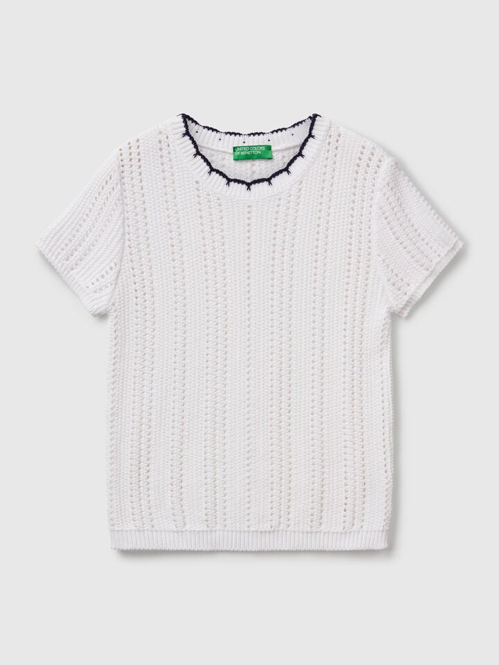 Benetton Perforated Sweater In Pure Cotton White