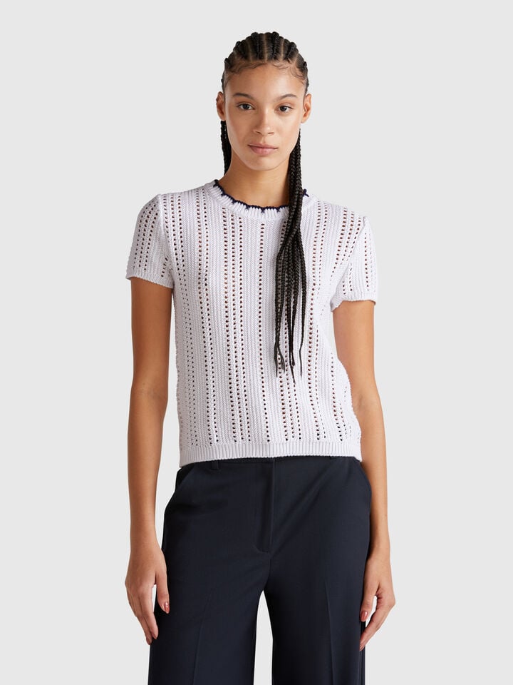 benetton Perforated sweater in pure cotton White