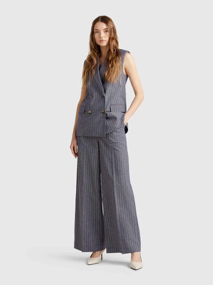 Benetton Pinstripe Palazzo Trousers Dark Blue