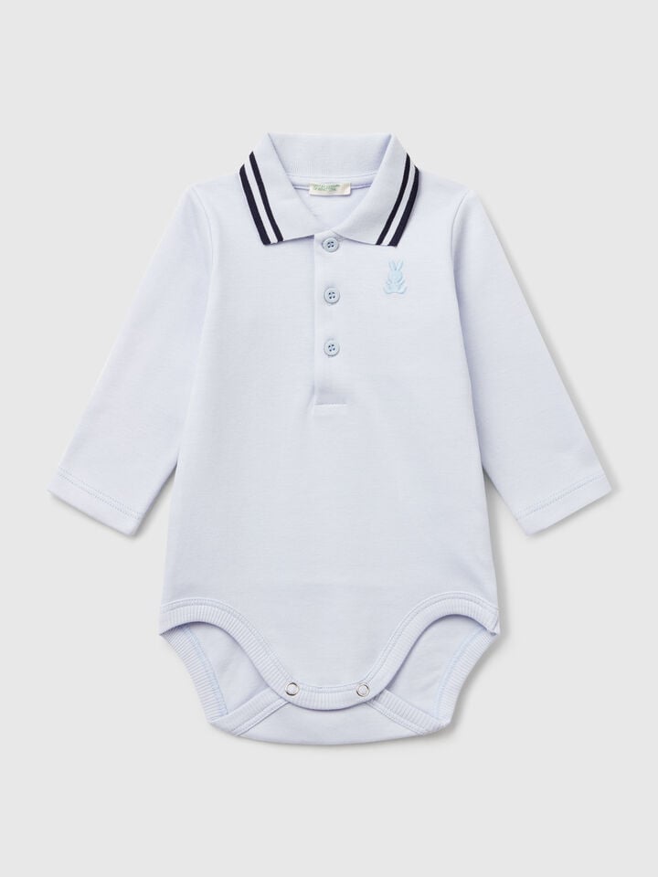 Benetton Polo Bodysuit In Cotton Sky Blue
