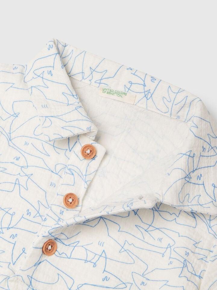 Benetton Polo With Shark Print Creamy White