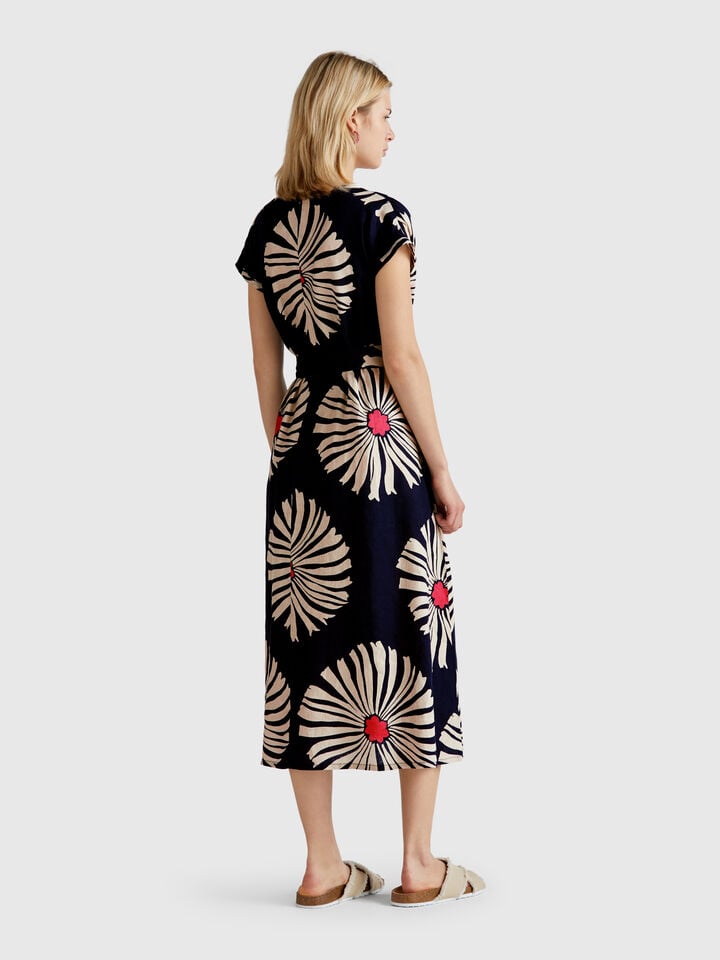 Benetton Printed Linen Dress Dark Blue