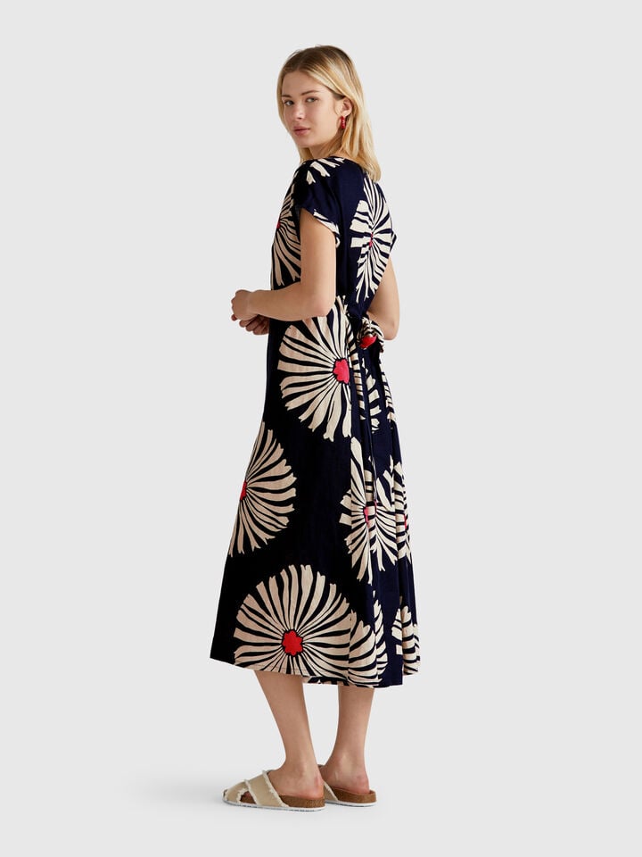 Benetton Printed Linen Dress Dark Blue