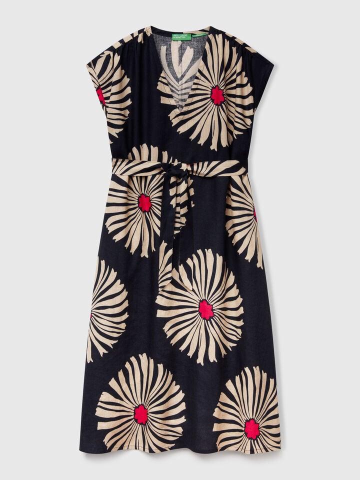 Benetton Printed Linen Dress Dark Blue