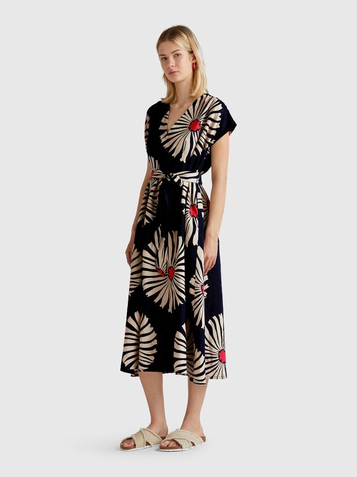 benetton Printed linen dress Dark Blue