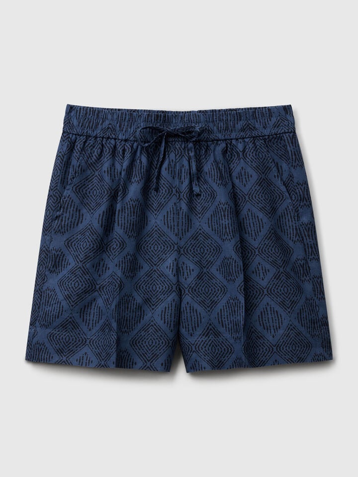 Benetton Printed Linen Shorts Blue