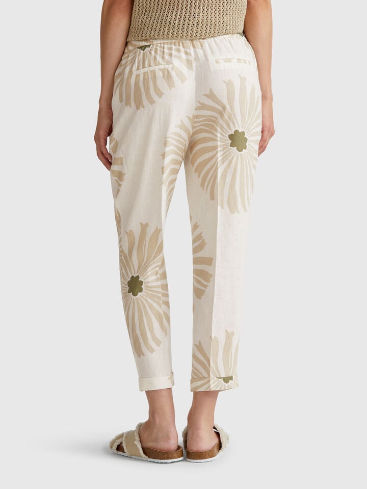 Benetton Printed Linen Trousers Creamy White